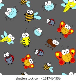 Cute cartoon seamless pattern with insects and leaves. Funny background for children. Vector illustration