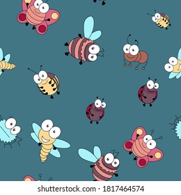 Cute cartoon seamless pattern with insects and leaves. Funny background for children. Vector illustration