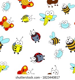 Cute Cartoon nahtlose Muster mit Insekten und Blättern. Sonniger Hintergrund für Kinder. Vektorgrafik
