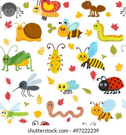 Cute cartoon seamless pattern with insects and leaves. Funny background for children. Vector illustration