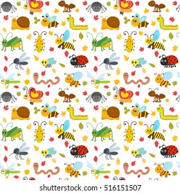 Cute cartoon seamless pattern with insects and leaves. Vector illustration