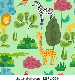 Cute cartoon seamless pattern with jungle animals in abstract colorful forest. Funny hand drawn texture with zebra, lion, giraffe and parrot for kids design, wallpaper, textile, wrapping paper