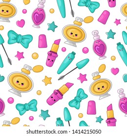 Cute cartoon seamless pattern with kawaii cosmetics - pink lipstick, mascara, perfume, turquoise bow, woman stuff or girls fashion accessory, vector flat illustration