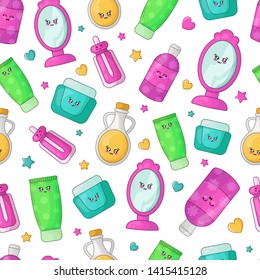 Cute cartoon seamless pattern with kawaii cosmetics and girls fashion accessory - pink mirror, bottle of lotion or cream, essential oil, woman stuff vector flat illustration