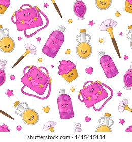 Cute cartoon seamless pattern with kawaii cosmetics and girls fashion accessory - pink handbag, make up brush, perfume, lotion or cream, woman stuff vector flat illustration