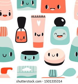 Cute cartoon seamless pattern with kawaii cosmetics. Flat style girls beauty accessories. Cream, tubes, perfume, nail polish with smiling faces. Woman stuff concept. Face, skin care products. Vector