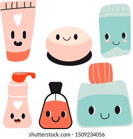 Cute cartoon seamless pattern with kawaii cosmetics. Flat style girls beauty accessories. Cream, tubes, perfume, nail polish with smiling faces. Woman stuff concept. Face, skin care products. Vector