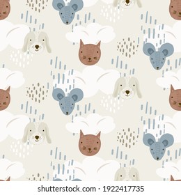 Cute cartoon seamless pattern with mice, dogs and cats heads on beige sky with clouds and dots. Funny texture with pets for kids design, wallpaper, textile, wrapping paper, background