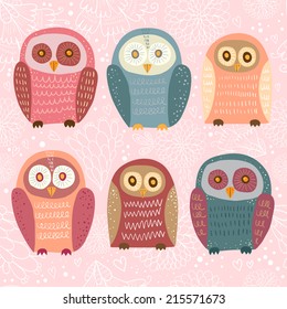 Cute cartoon seamless pattern with owls and floral background in vector. 