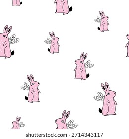 Lindo patrón de dibujos animados sin fisuras con conejos de hadas rosados con alas blancas. Ideal para la tela del vivero, el Fondo de pantalla, y los accesorios de los niños.