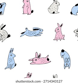 Lindo patrón de dibujos animados sin fisuras con conejos y liebres de color rosa, azul y gris. Ideal para la ropa de los niños, la tela del vivero, y el papel de embalaje.