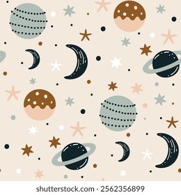 Cute cartoon seamless pattern with planets, stars and moons. Vector illustration in flat style on light background