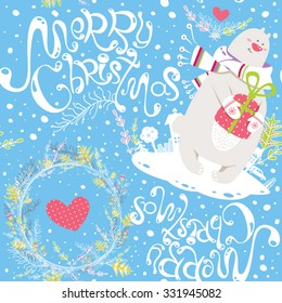 Cute cartoon seamless pattern with polar bear, gift box on the background of winter city and floral pattern. Lovely vector holiday poster, card or wrapping paper. Merry Christmas!