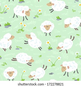 Cute cartoon seamless pattern with sheep