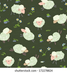 Cute cartoon seamless pattern with sheep 
