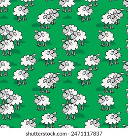 Cute cartoon seamless pattern with sheep grazing on the grass. Vector illustration for print, fabric, cover, packaging, interior decor, blog decoration and other your projects.