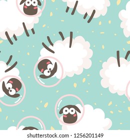 cute cartoon seamless pattern with   sheeps in space. healty sleep, textile, children's illustration. wrapping paper design