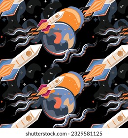 Diseño de la caricatura sin fisuras del espacio de patrones nave y cohete Preparado para niños