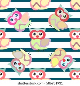 Cute cartoon seamless pattern with stripes and owls,funny pattern design for kids