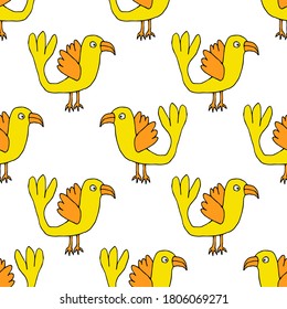 Cute cartoon seamless pattern with tropic bird in childlike doodle style. Animal background. Vector illustration. 