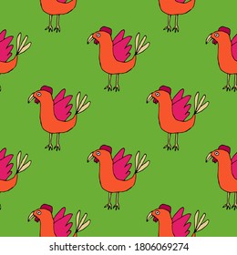 Cute cartoon seamless pattern with tropic bird in childlike doodle style. Animal background. Vector illustration. 