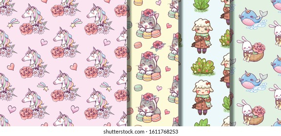 Cute cartoon seamless pattern of unicorn and flowers, cat with macaron, little sheep and tree, 
balloon whale with rabbits and rose set, gift wrapping pattern, screen wallpaper.