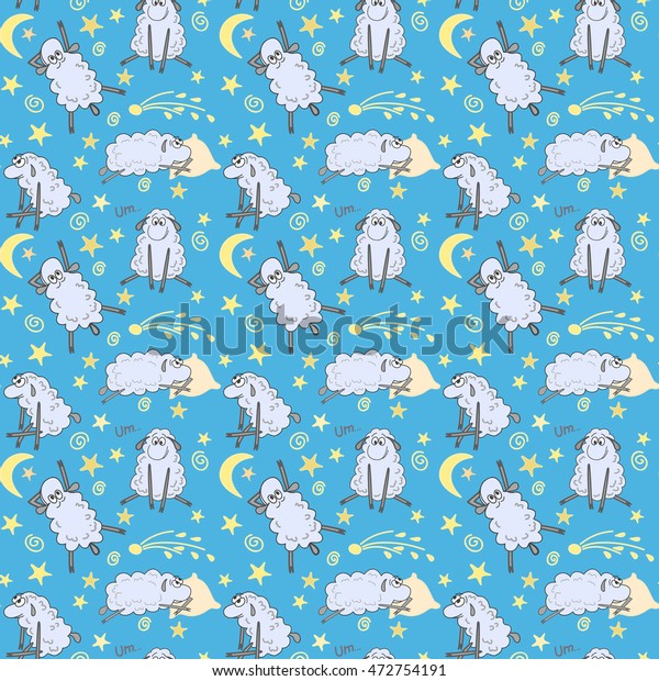 Cute cartoon seamless pattern in vector\
with sheep, stars, moon and comet. Pattern can be used for surface\
textures, wallpaper, web page\
backgrounds.