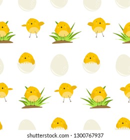 Cute cartoon seamless pattern with yellow chicken in grass, in eggs and flying. Childish orange vector birds texture for kids print design, spring Easter wrapping paper decor, textile, wallpaper