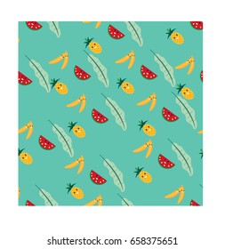 Cute cartoon of Seamless summer fruit banana water melon pineapple leaf background pattern
