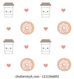 cute cartoon seamless vector pattern background illustration with donuts and coffee