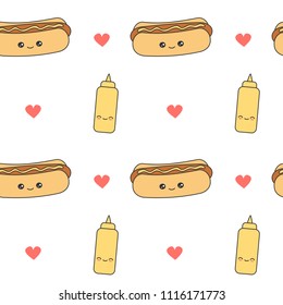 cute cartoon seamless vector pattern background illustration with hot dog and mustard