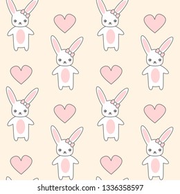 cute cartoon seamless vector pattern background illustration with happy bunny and hearts