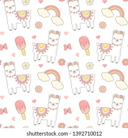 cute cartoon seamless vector pattern background illustration with lama alpaca, ice cream, rainbow, hearts, flowers and butterflies