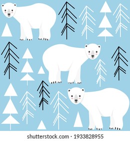 cute cartoon seamless vector pattern background illustration with white polar bear and trees