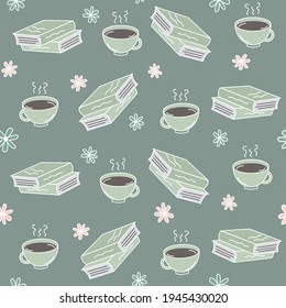 Cute cartoon seamless vector pattern background illustration with books, cup of coffee and daisy flowers