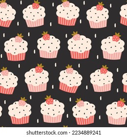 Cute cartoon seamless vector pattern illustration with hand drawn strawberry cupcakes on black background
