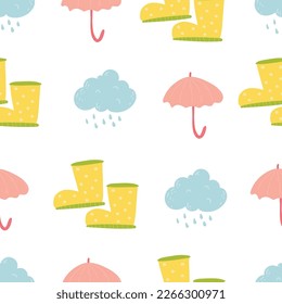 cute cartoon seamless vector pattern with yellow rubber boots, umbrella and raining background. Endless backdrop with rainly weather, textile fabric or wrapping paper. Decorative doodle wallpaper.