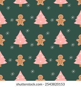 cute cartoon seamless vector pattern illustration with gingerbread cookies, snowflakes and pink christmas trees on green background