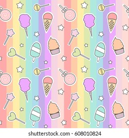 cute cartoon seamless vector pattern with candies, ice cream, lollipop and cotton candy on colorful stripes