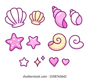 Cute cartoon seashell doodle icon set. Hand drawn sea shells, conches, cockleshells and starfish. Isolated vector clip art illustration.