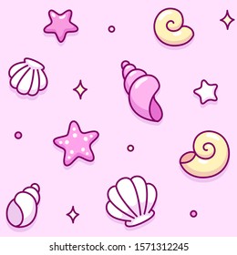 Cute cartoon seashell doodle seamless pattern. Hand drawn sea shells, beach summer vacation. Vector background illustration.