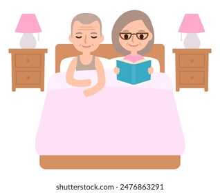 Linda pareja de ancianos de dibujos animados en la cama, hombre durmiendo y mujer leyendo un libro. Ilustración vectorial de rutina de relajación a la hora de dormir. 