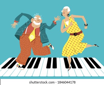 Cuto dibujo animado pareja de ancianos bailando sobre las teclas del piano, EPS 8 ilustración vectorial