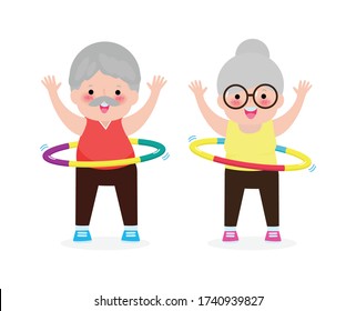 Cute cartoon Senior couple doing hula hoop, elderly people exercises with hula hoop, old person playing hoola hoop, Weight loss concept, healthy and fitness isolated on white background vector