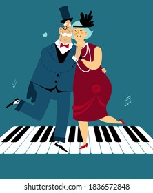 Cute cartoon senior couple dressed in 1920s fashion dancing the Charleston on a piano keys, EPS 8 vector illustration