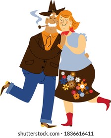 Pequeña caricatura de pareja de ancianos vestidos con danza tradicional occidental, EPS 8 ilustración vectorial, aislada en blanco