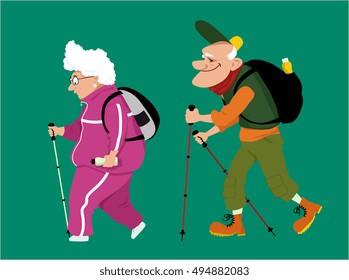Cute cartoon senior couple hiking, EPS 8 vector illustration, no transparencies
