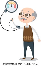Cute cartoon senior man measuring blood pressure