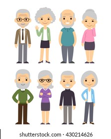 Cute cartoon senior people set. Happy old people, men and women, isolated flat vector illustration.