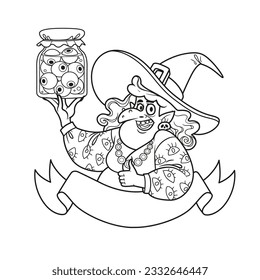 Cute cartoon senior witch with a jar full of eyeballs emblem isolated on a white background